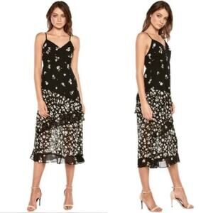 Bardot Ditsy Mixed Floral Midi Dress Tiered Ruffle Hem V-Neck Black size 6